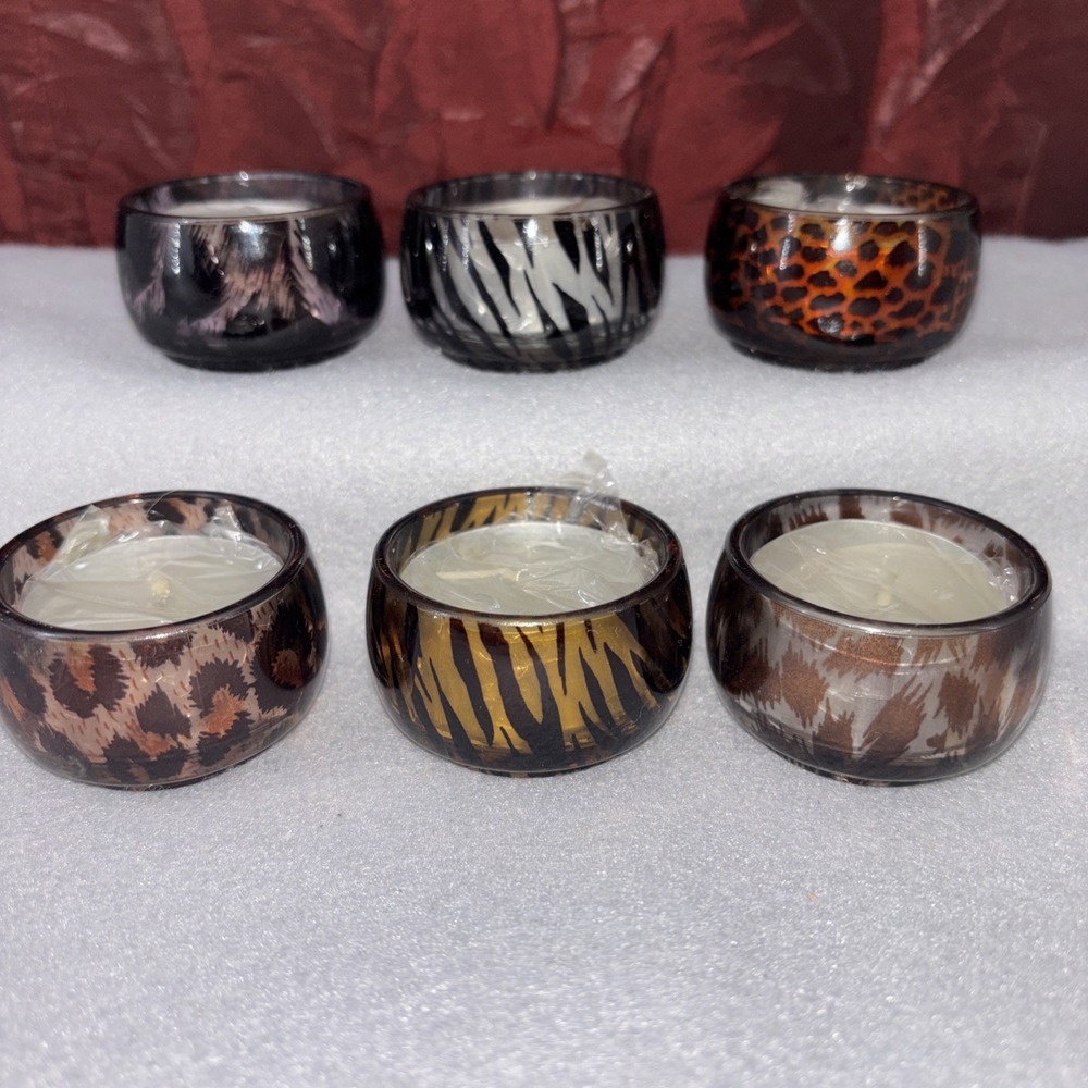 Berkeley Designs Glass Animal Print Tea Lite Candles Holders Set of 6 New In Box